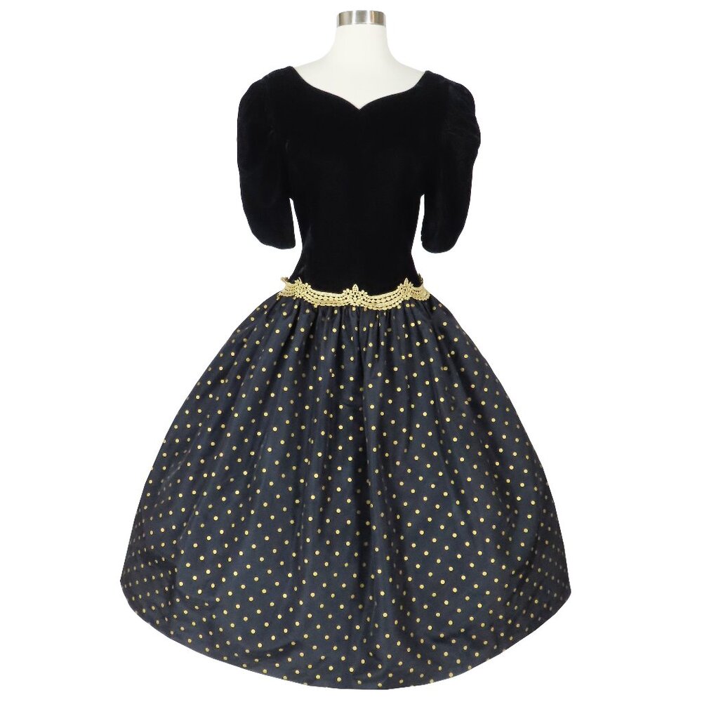 Vintage 80s Black Gold Polka Dot Velvet Taffeta Full Skirt Prom Party Dress L
